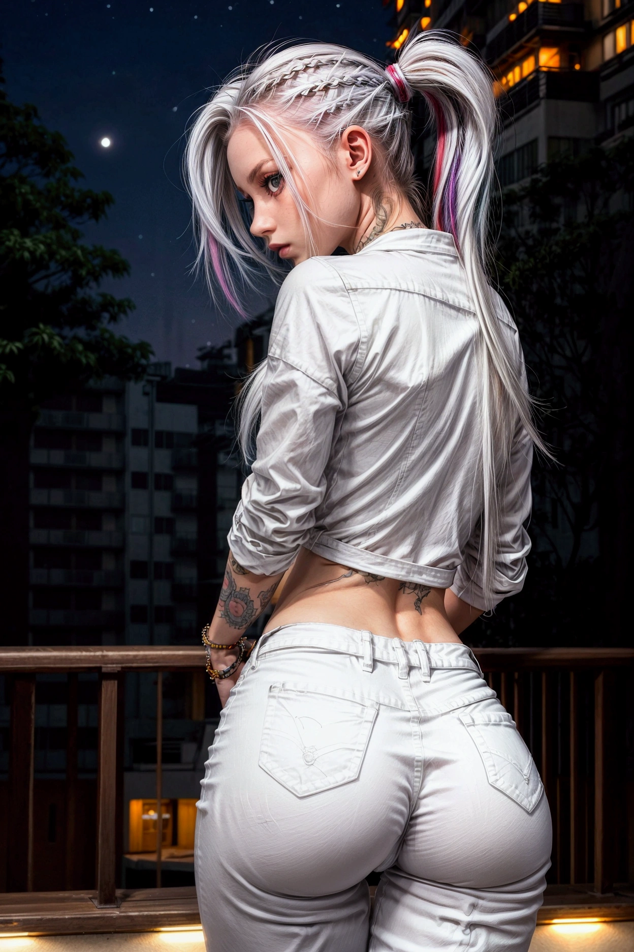 girl, sexy pose, white jeans, Long ponytail, multicolored hair, hips, legs, thin narrow waist, tight white shirt, tatooes, night time, night tokio background, night lights, back view, round ass, from behind