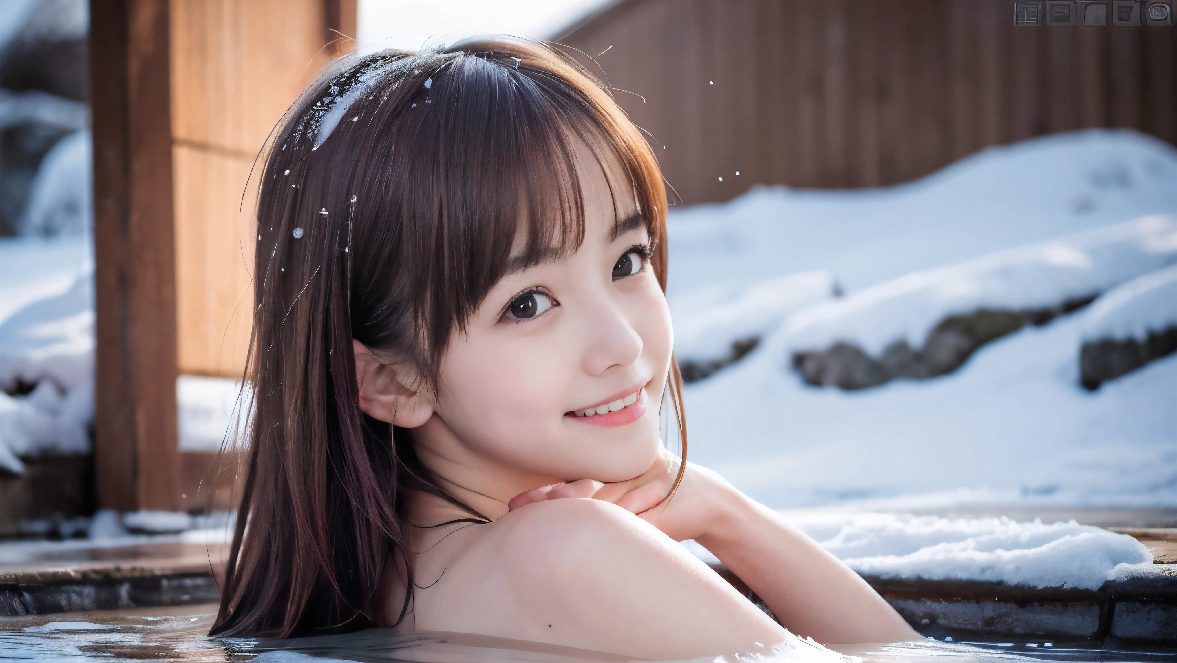 (Profile shot of a naked slender very small flat chest  red brown wavy long hair with dull bangs girl:1.5)、(Naked girl is soaking in a deep steam mist Japanese onsen outdoors with a shy smile:1.5)、(Outdoor Japanese onsen with snow landscape:1.5)、(blurred background:1.5)、(Natural light:1.5)、(8k ultra detailed master piece:1.5)、(perfect anatomy:1.5)、(Photorealistic stick:1.5)、(Raw photo:1.3)、(highest quality:1.5)、(High resolution:1.3)、(Delicate and beautiful perfect face:1.3)、(Delicate and beautiful eye air skin:1.3)、(Real Human Skin:1.3)、((thin legs))