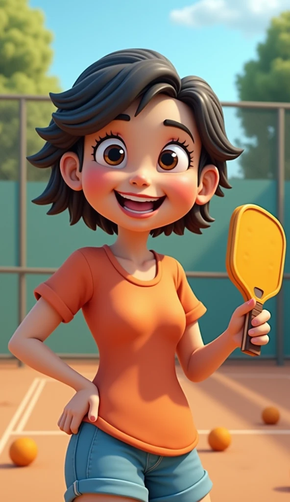 Un dessin 3d style cartoon d'une femme blanche de 40 ans, cheveux courts noires. On voit tout le corps de la femme. Elle a une palette de pickleball à la main. Il y a des balles oranges.  La femme est derrière un filet.