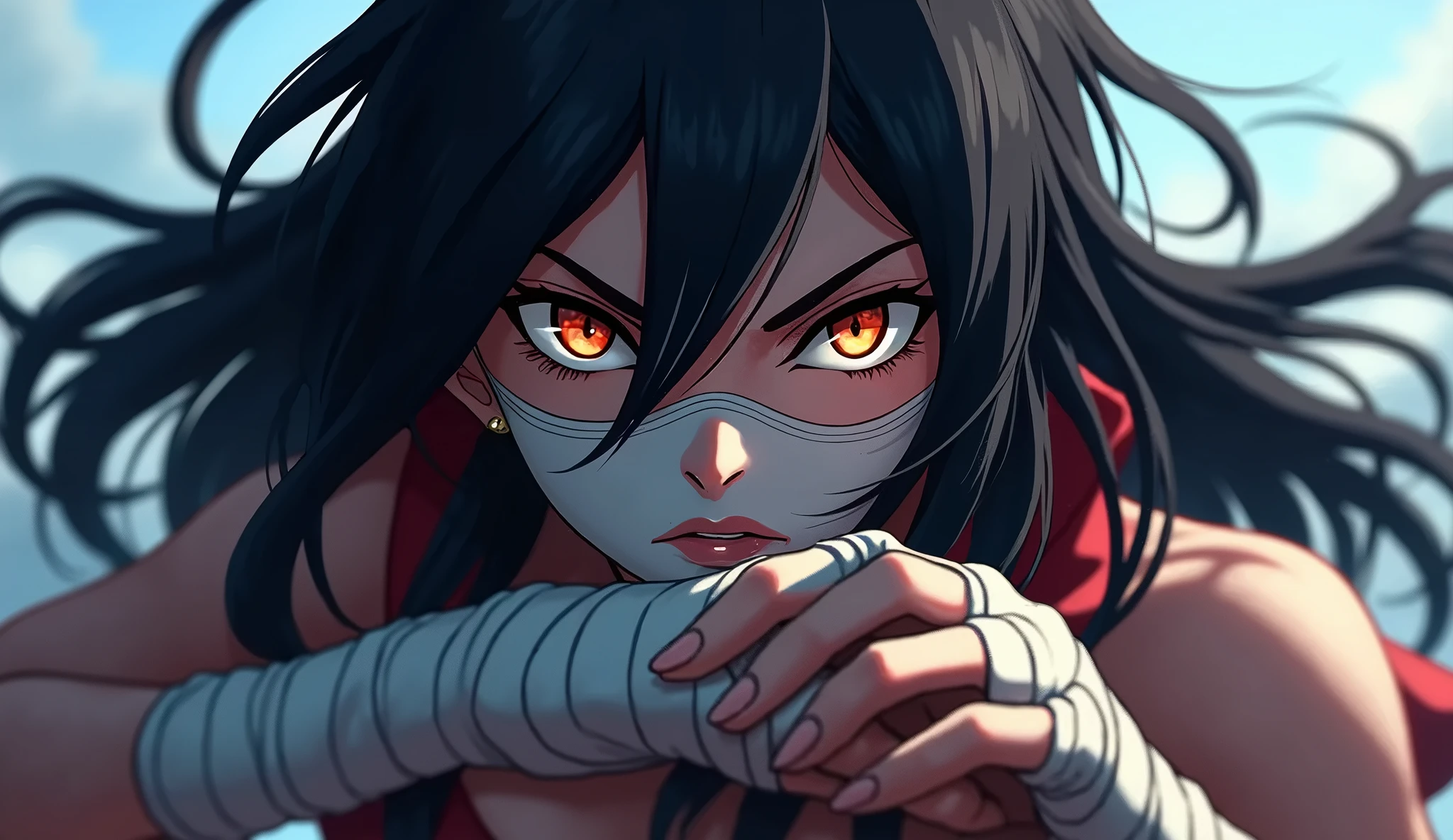 Kuno, red eyes,ponytail,,dark blue hair, mouth mask, sagging breasts, large breasts,
in action, cleavage, leaning forward, covered nipples, hips, toned,
bandages,scarf,cleavage,midriff ,ninja,gloves,
outerspace, stars, ninja temple,
(insanely detailed, beautiful detailed face, masterpiece, best quality) solo,
<lora:Kunoichi-10v2:0.7>