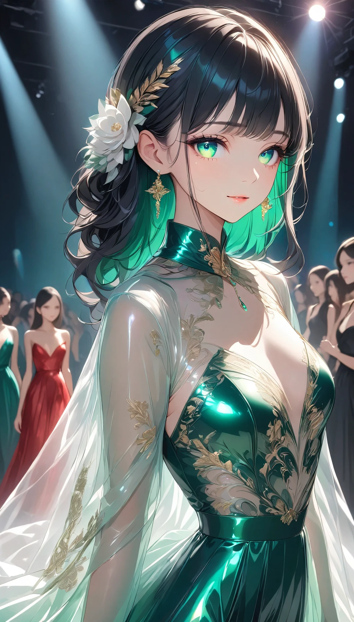 ((best quality)), ((masterpiece)), (detailed), perfect face, high detailed eyes, long eyelashes, light smile, ccurate, black hair, supermodel, fashion show, runway, catwalk, posing, Shiny dress, Red High Heels, The dress is elegant and flowy, made of sheer, shimmering fabric that catches the light. The gown is deep emerald green with intricate, golden embroidery along the hem and neckline, adding a touch of luxury. The model has sleek, pulled-back hair, wearing minimal jewelry to keep the focus on the dress. The runway is illuminated with soft, warm lights, and the background is blurred to highlight the model and her attire
