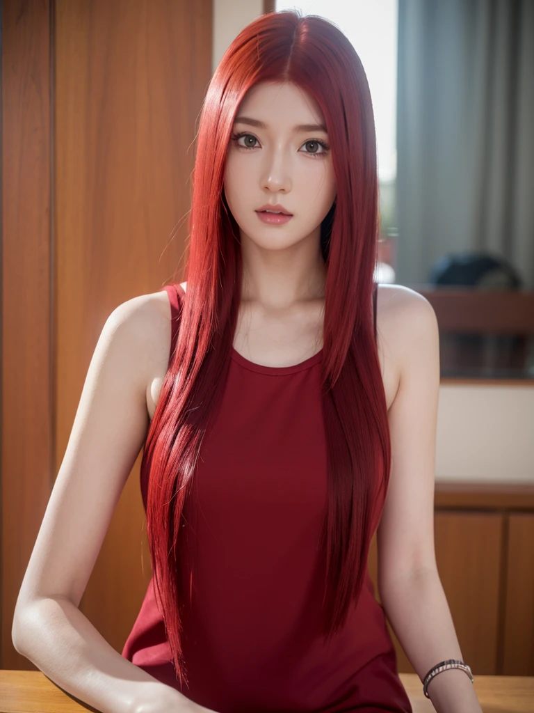 (Masterpiece, Best Quality, High Resolution: 1.2), sweet expression, 1 Girl, Solo, Long hair, Grey Eyes, Upper Body, Red Dress, Red Gloves, Red Hair, Red Cat Ears