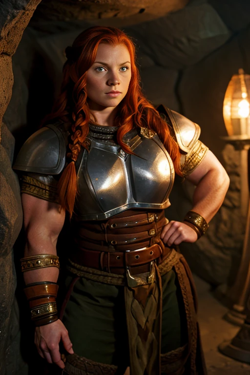 Ginger female dwarven adventurer, stocky, in a undeground cavern, dramatic lighting, breastplate,  long braided hair, strong muscled arms, leaning against wall, busty