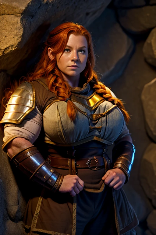 Ginger female dwarven adventurer, stocky, in a undeground cavern, dramatic lighting, breastplate,  long braided hair, strong muscled arms, leaning against wall, busty