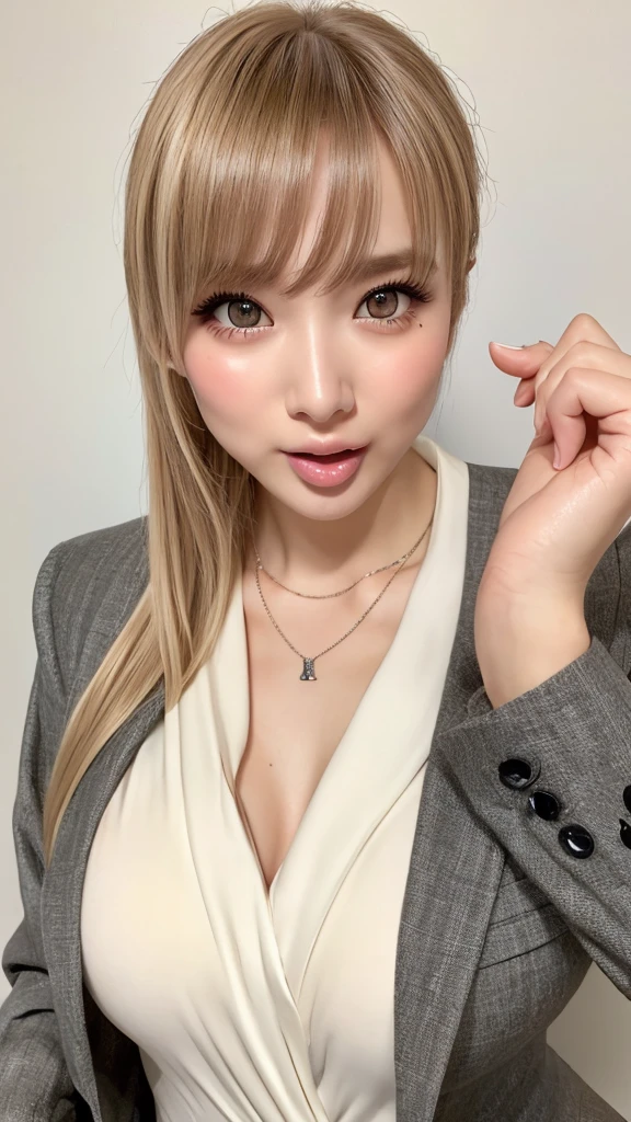 ((Highest quality)), ((masterpiece)), (High-definition photos), (upper ponytail), (Blonde), (bangs),  (beautiful girl), False eyelashes, (Sticking out tongue), (necklace:1.2), (charcoal business suit:1.1), (bulge), (white skin), (She spreads her two fingers open, stretching the semen with fingers:1.1), head tilt, (Blushed:1.3), (upper body), wetty lips, Thin eyebrows、(light brown eyes:1.1), Akihabara, Tokyo, Osaka