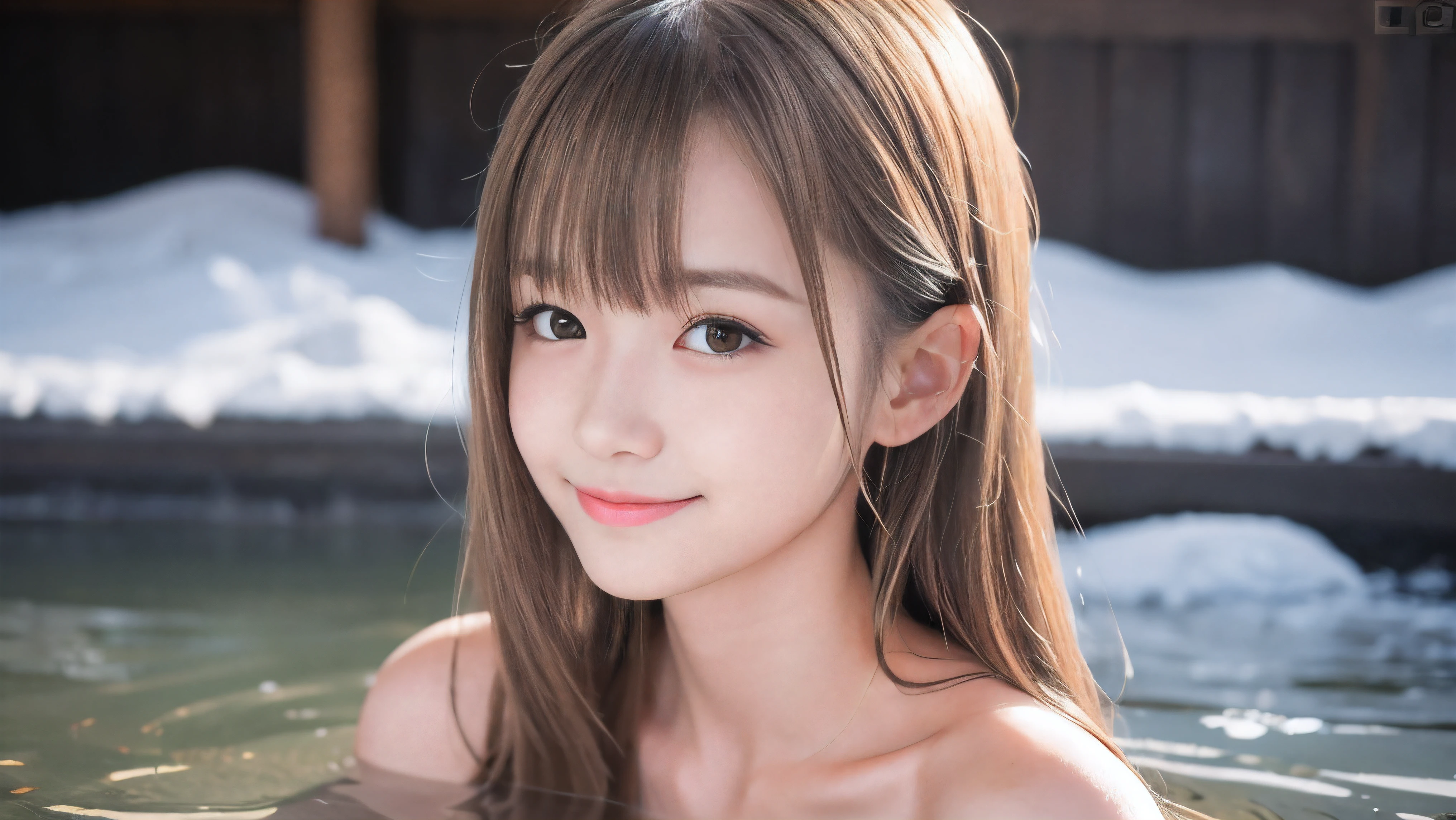 (Profile shot of a naked slender small chest half up blonde long hair with bangs girl:1.5)、(Naked blonde hair girl is soaking in a deep steam mist Japanese onsen outdoors with a shy smile:1.5)、(Outdoor Japanese onsen with snow landscape:1.5)、(blurred background:1.5)、(Natural light:1.5)、(8k ultra detailed master piece:1.5)、(perfect anatomy:1.5)、(Photorealistic stick:1.5)、(Raw photo:1.3)、(highest quality:1.5)、(High resolution:1.3)、(Delicate and beautiful perfect face:1.3)、(Delicate and beautiful eye air skin:1.3)、(Real Human Skin:1.3)、((thin legs))