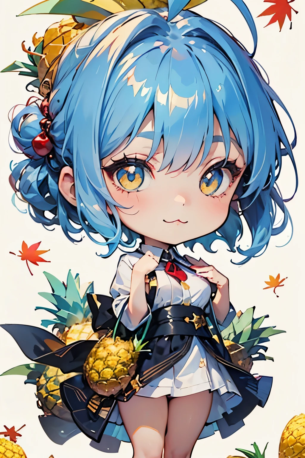 (Masterpiece:1.2),(Fresh pineapple:1.3)、(Chibi Body、Small face、Light blue hair color, Short chignon hair、Highly detailed eyes、Golden Eyes、Beautiful breast growth、:3, Ahoge:1.2)、(Carefully drawn fingertips、Beautiful human hand、Carefully drawn fingers、Five fingers、Human finger、gloss々Skin、Slender、Thin thighs、Thin legs:1)、(super close range:1.2)、(Autumn outfit、Trendy clothes、Top view、Night view、A world view and background that suits chibi:1.3)