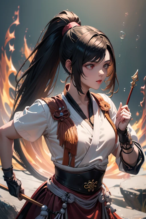 ((Masterpiece, Highest quality)), Detailed face, CharacterDesignSheet， full bodyesbian, Full of details, Multiple poses and expressions, Highly detailed, Depth, Many parts，Martial arts girl，white and black，holds a spear，double-ponytail，estilo fantasia，Surrounded by flames，Extremely beautiful，High Balance, Natural light, Lace，lacepantyhose