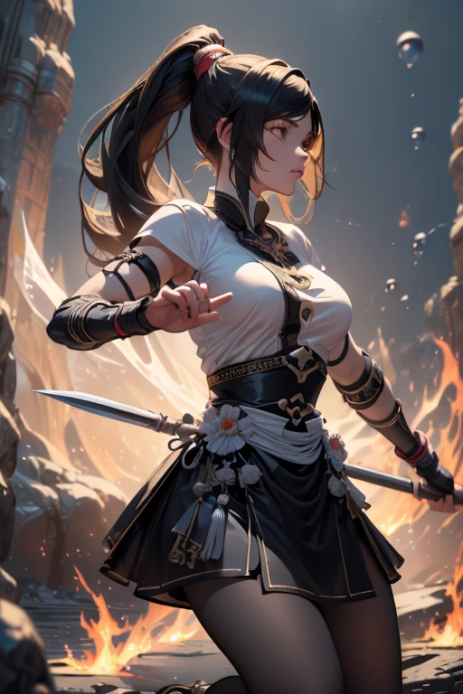 ((Masterpiece, Highest quality)), Detailed face, CharacterDesignSheet， full bodyesbian, Full of details, Multiple poses and expressions, Highly detailed, Depth, Many parts，Martial arts girl，white and black，holds a spear，double-ponytail，estilo fantasia，Surrounded by flames，Extremely beautiful，High Balance, Natural light, Lace，lacepantyhose