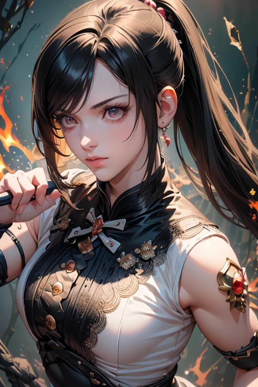 ((Masterpiece, Highest quality)), Detailed face, CharacterDesignSheet， full bodyesbian, Full of details, Multiple poses and expressions, Highly detailed, Depth, Many parts，Martial arts girl，white and black，holds a spear，double-ponytail，estilo fantasia，Surrounded by flames，Extremely beautiful，High Balance, Natural light, Lace，lacepantyhose