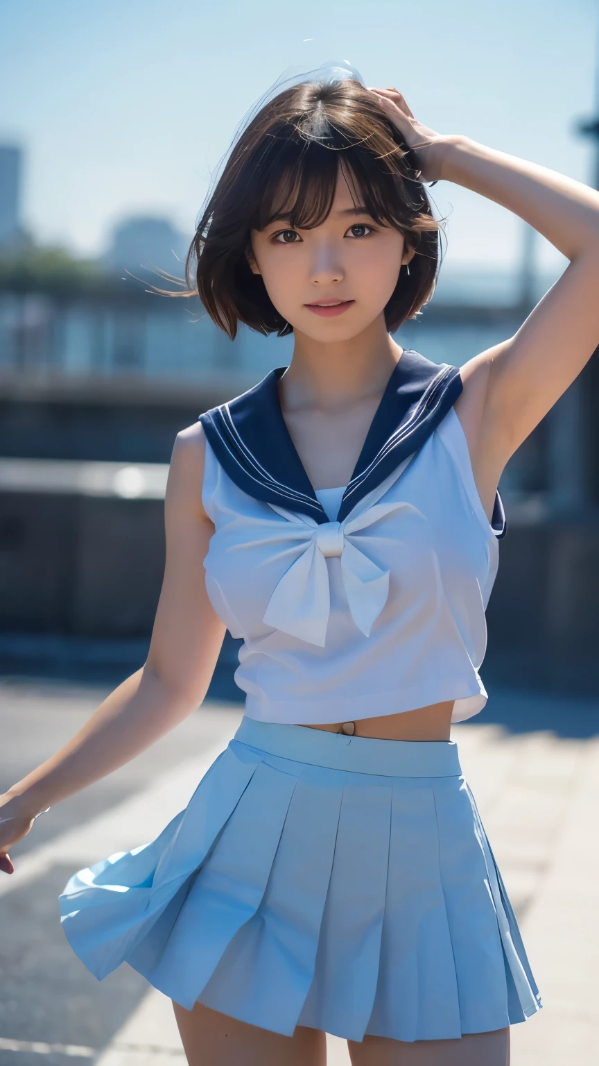 (one girl:1.3), sailor saturn, Short hair, Japanese high-school student, Amazing face and eyes, Looking at the camera, Big Smile, show teeth、Raise your hands behind your head, Show the armpit), (sailor saturn costume:1.2), (front view, cowboy shot, cameltoe:1.2), (Best Quality:1.4), extremely detailed CG unified 8k wallpaper, Highly detailed, High-definition raw color photos, professional photograpy, Filming in the studio、Plain wallpaper, sexy portrait of girl, (from bellow:1.3), (looking down, watching at Viewer),