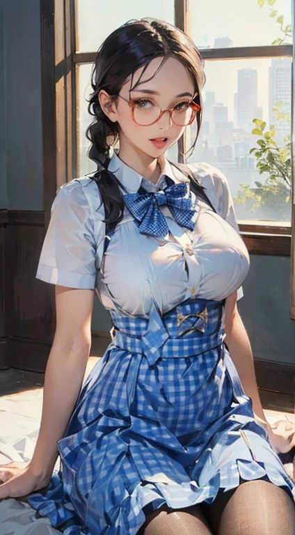 (Shibari, hands behind the back:1.4), (hands behind the back), full body photo, A detailed face, Clear face, Beautiful Girl, (Looking here), perfection female form, perfection face, Glossy pink lips, Expressive eyes, eye shadow, eyeliner,  light brown colored hair, (ponytail), (Glasses), ((very thin waist:1.2)),  ((Big breasts about to burst:1.3)), (((nipple))), Thigh, Kneeling position, belly button, (Sexy look:1.4), Shiny skin, sexy white ornate panties,  (Navy blue miniskirt), ((Navy Pleated miniskirt)), Tied with red wire, Red wire, Neck Binding, Tying hands, Tie around the body, Interlaced Bonds, Multiple wires, Tether creates an overall look around the body, (Sports warehouse), ((Wet skin:1.2)), ((Very thin fabric:1.3), (Reddening cheeks), ((cleavage of the breast)), 