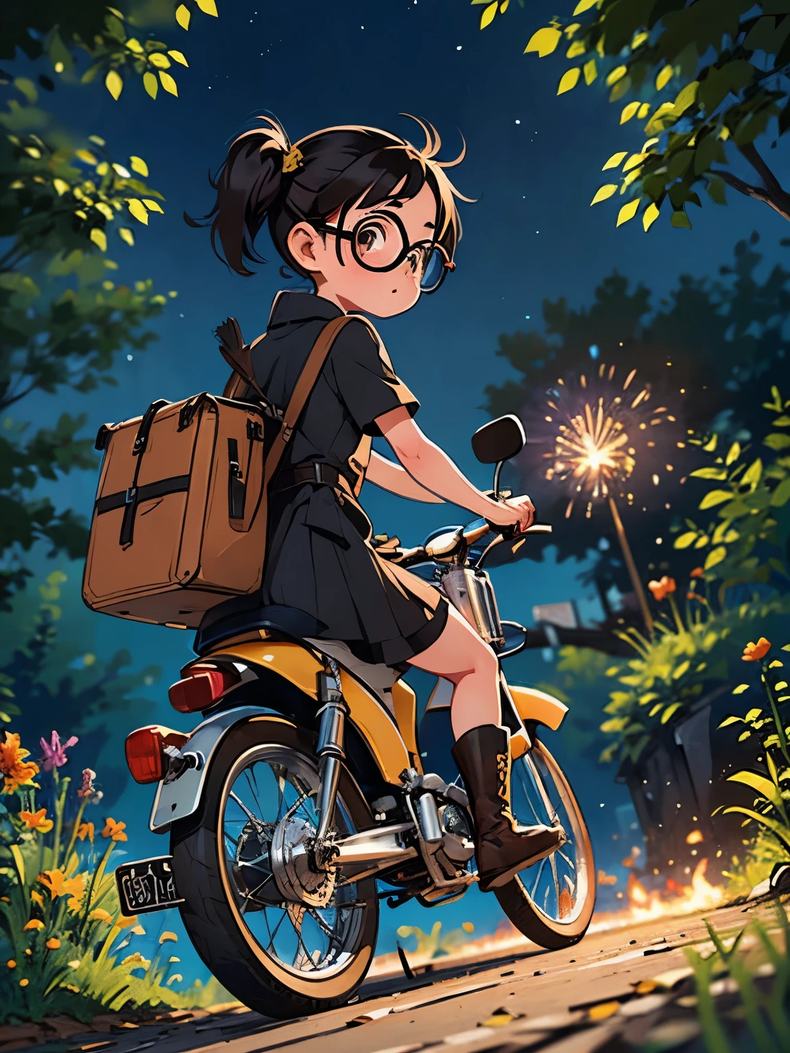 32K，UHD High Definition，Octane Rendering，Steampunk，(Ultra-fine: 1.*****ung Super Cub rider，night，cute，Very short stature，Thin thighs，A small yellow Super Cub full of luggage，Short dress，Semi-long twin tails，Black Hair，goggles，Black boots，Super Cub Details，To the Autumn Festival，firework，firework，Medium shot from behind,