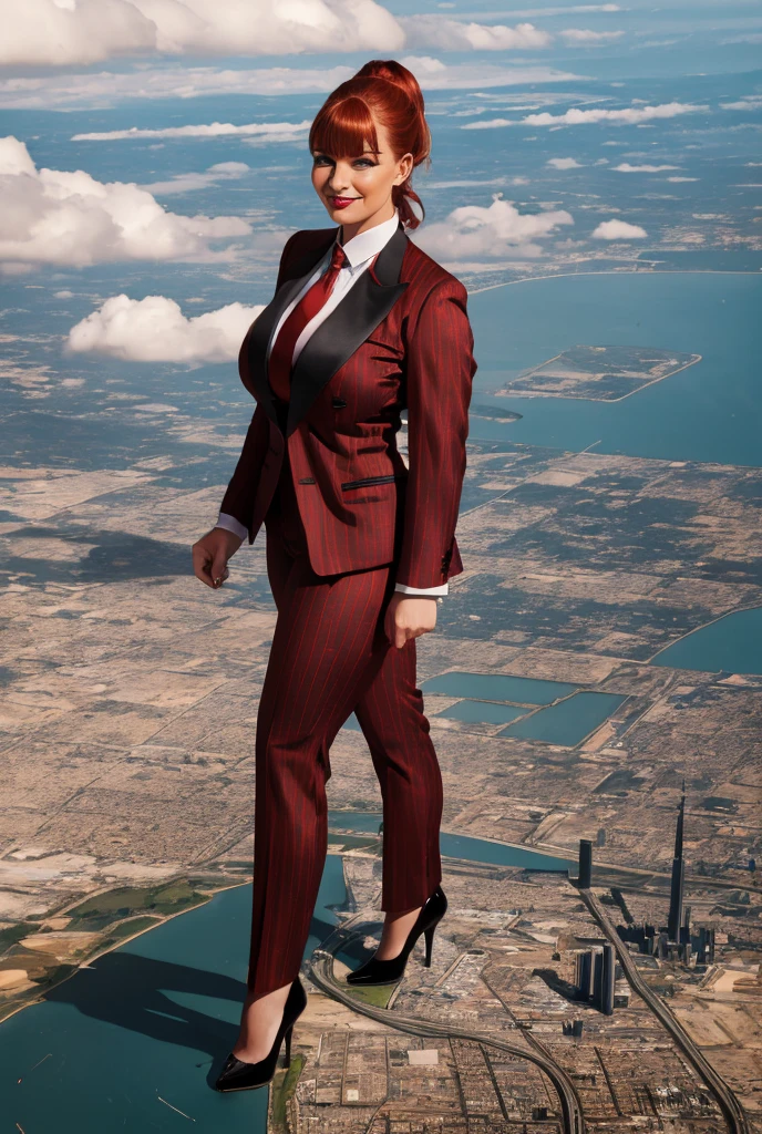 Giantess art, giga giantess in distance walking on through city, multiple women with beautiful curves, massive thighs, ginger hair in a fishtail braid, lipstick, wearing a perfect form-fitting red pinstripe trouser suit and blazer, crisp white shirt, and a large blade width Windsor knot black paisley tie, with massive breasts. She is wearing black platform high heels and standing on a miniature city, with skyscrapers at her feet, smiling with her huge breasts. This image is highly detailed, photorealistic, best quality, a masterpiece, with cinematic lighting, ultra-detailed, featuring black patent Louboutin pumps, long ponytail hair with front bangs, high altitude photography, satellite view, a curvy figure, heaving bosom, legs, a mega city, urban sprawl, small towns, destruction, buildings, roads, a cloudy, overcast, hazy atmosphere, and wispy clouds. Walking towards cameria. 