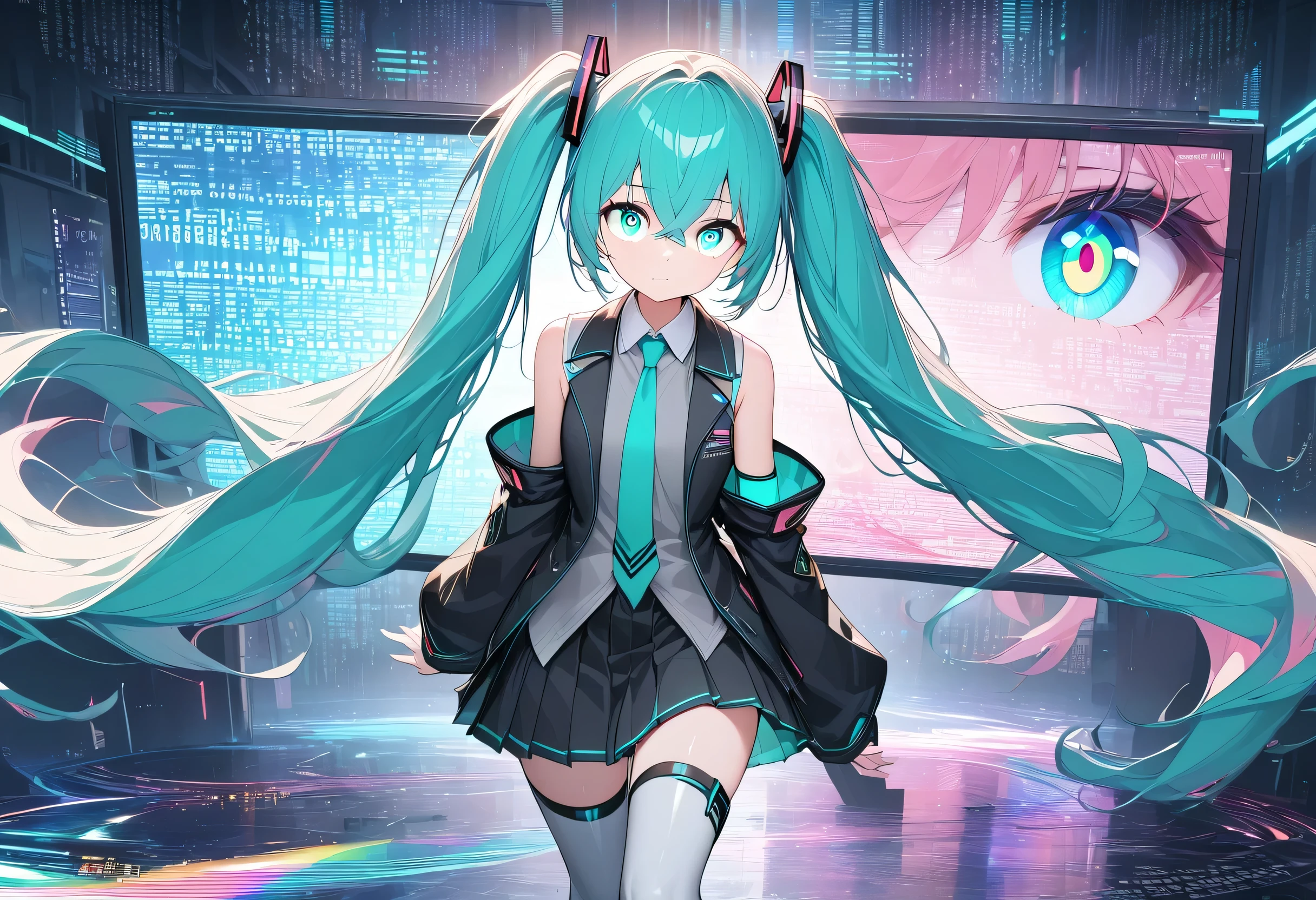 One girl, Alone, Hatsune Miku、looking away、Green Eyes, Crossed Bangs, Hair between the eyes, hair ornament, Headphones, Long Hair, Twin tails, aqua tie, Black Footwear, black skirt, Black Sleeve, boots, collared shirt, Removable sleeves, grey shirt, tie, pleated skirt, shirt, skirt, Sleeveless, Sleeveless shirt, thigh boots, tieピン, Strong Light, hologram, Mantle, Lots of displays, Light tights, Glitch, Super detailed, Best Quality,,Binary Code and Digital Art,Binary Code, Digital Art, Only zeros and ones,,Hacking Techniques, SF, Cyberpunk, Data Stream,Pixelated、Dynamic pose, (masterpiece, Best Quality:1.2), (beautiful detailed eyes: 1.6)