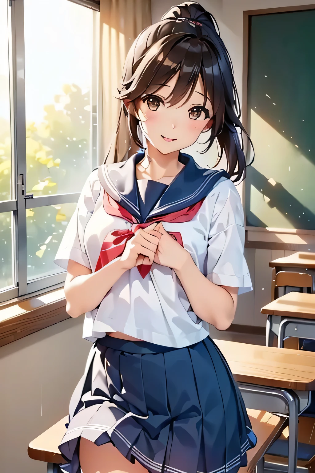 (( girl))、Shiny brown hair,  (Beautiful blue eyes、Shining eyes fine grain)、smile、超fine grain、High quality face, Very fine grain,Cowboy Shot、 girl, Like, evening,

((Best Quality, 8k, masterpiece: 1.3)), 
Beauty, Hide your face, 1 girl,beautiful: 1.3, 
 Sailor suit, short , (In the classroom), 
 High quality face, Detailed lips, fine grain, double eyelid, Lift up your skirt with one hand, white underwear, Get wet,ponytail