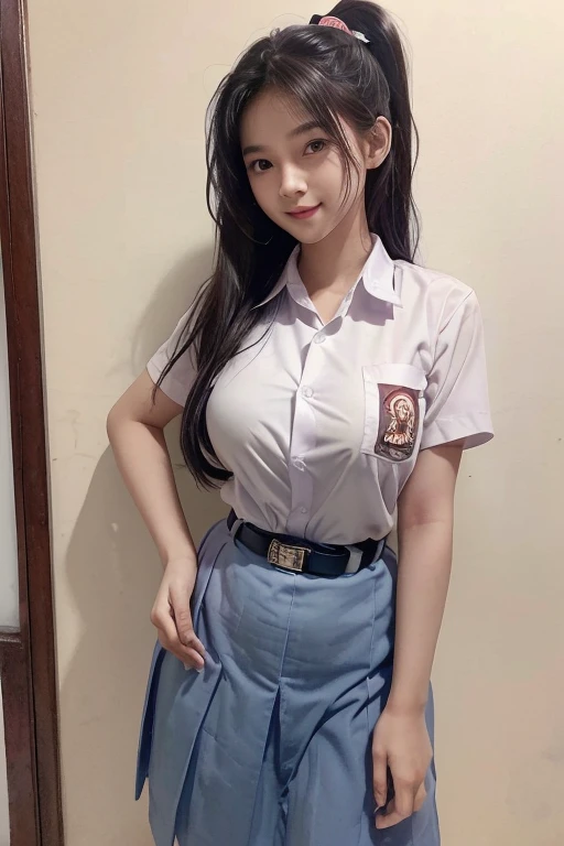 1girl, white skin, long hair:1.2, korean, young, bright blue eyes, thick eyebrows, freckles on skin, head tilted, one ear out, smiling, teeth out, school uniform, small waist, wide thighs, wide thigh gap, on all fours, inside restroom cubicle, hyper-realistic, high detail, 8k, masterpiece