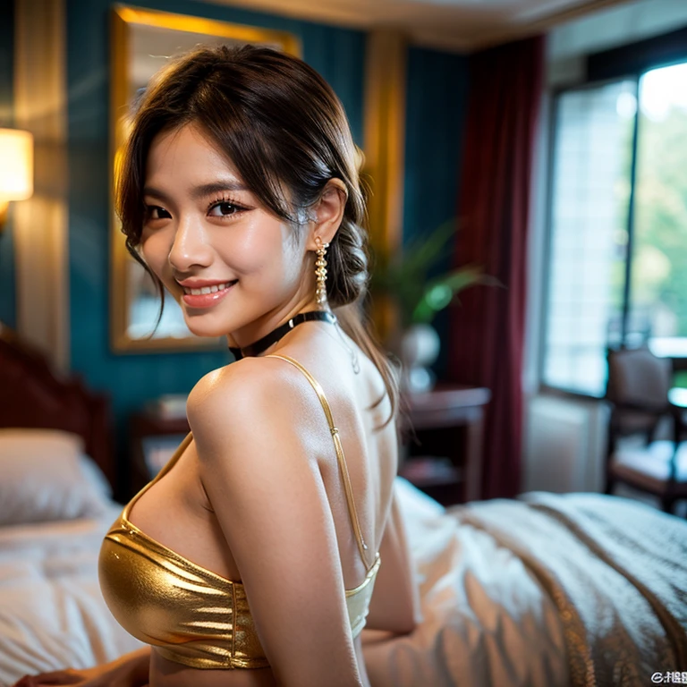 ((highest quality)), ((masterpiece)), (detailed), Perfect Face Sexy and provocative dress。Beauty。B101 W48 H98。Aheface。Japanese actress。Bed at night。
