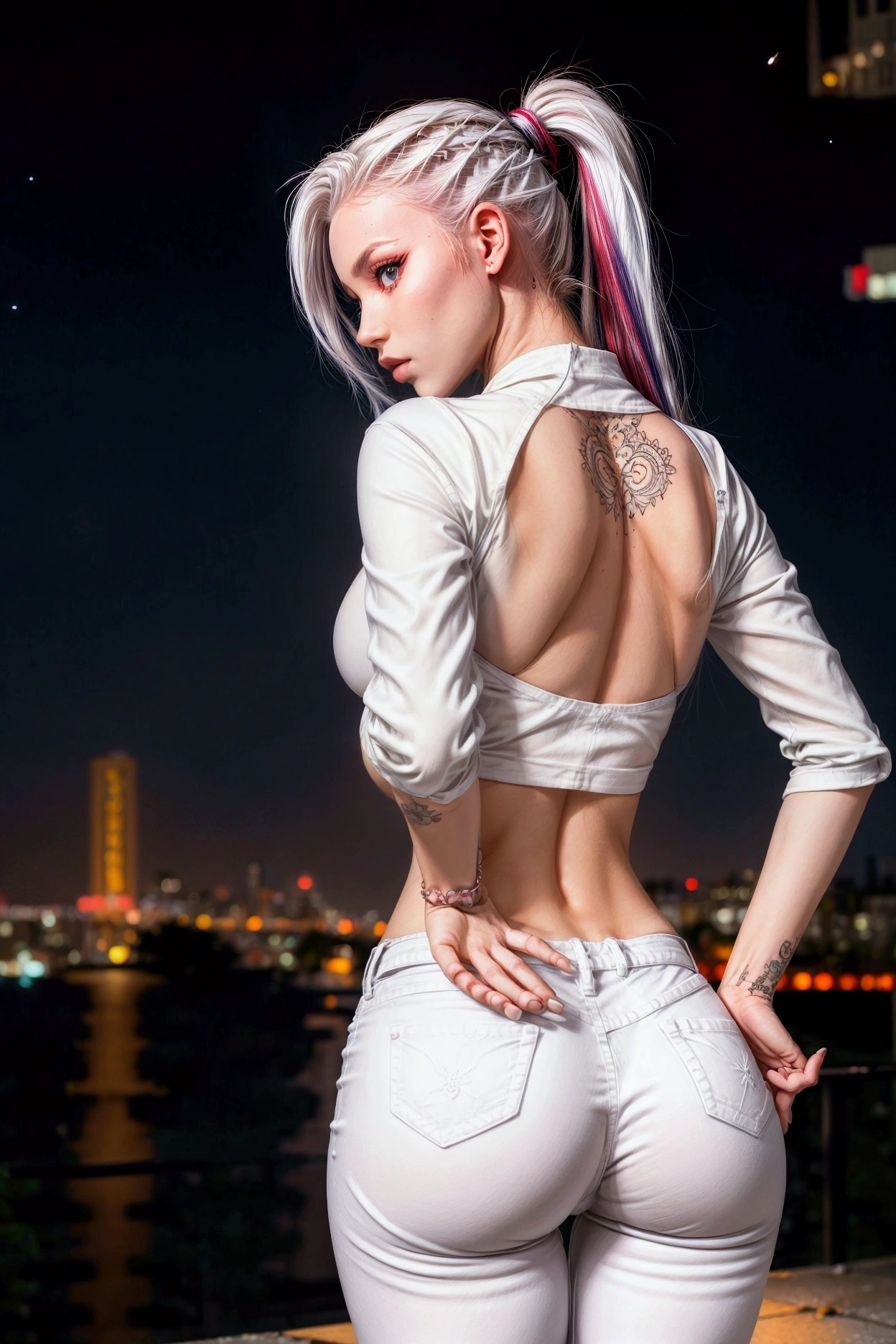 girl, sexy pose, model posing, white jeans, Long ponytail, multicolored hair, hips, legs, thin narrow waist, tight white shirt, tatooes, night time, night tokio background, night lights, back view