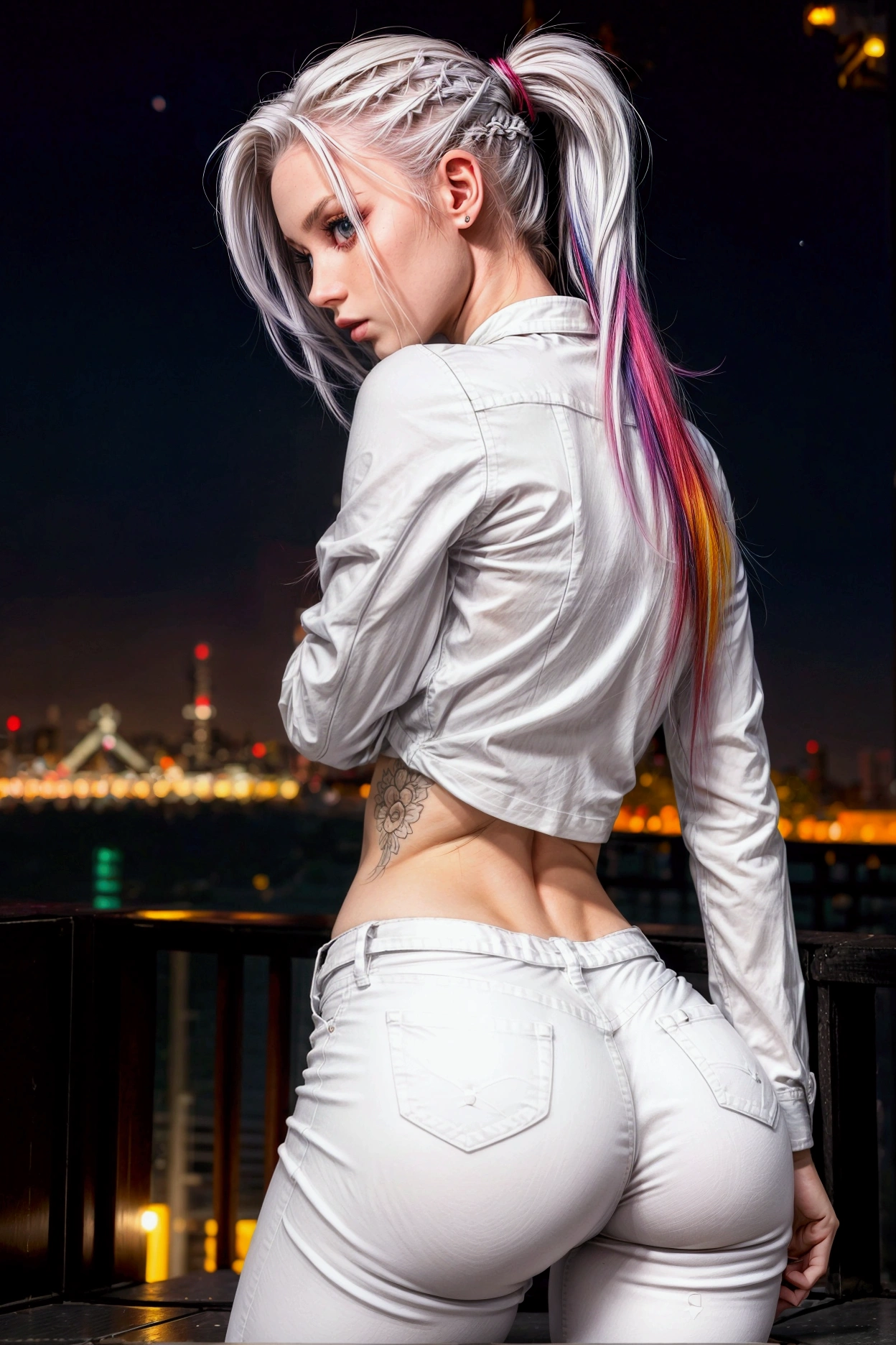 girl, sexy pose, model posing, white jeans, Long ponytail, multicolored hair, hips, legs, thin narrow waist, tight white shirt, tatooes, night time, night tokio background, night lights, back view