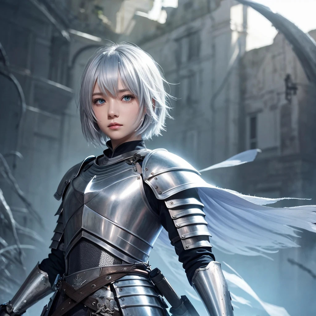 (extremely detailed CG unity 8k wallpaper), (masterpiece), (best quality:1.2), (highres), (illustration:1.1), (cinematic light:1.1), finely detailed, intricate details, (best illustration), 8k resolution, intricate details, best quality, realistic, ultra-detailed, best illumination, best shadow, ultra-HD, cryengine, ultra hd, (detailed reflection), detailed shadows, (((intricate details))), smooth, ((perfect shading)), high quality metal texture, metallic luster, highly detailed illustration, (semi realistic:1.6), (wide_shot:1.2), (from below, dutch_angle), dutch angle,(face to below knee:1.3), ((dark)), dark_fantasy, (embroidery armor:1.5), looking at viewer, full armor, 1boy, (solo), (male:2.5), metal armor, (crew_cut_hair:1.8), knight, (very short hair:1.4), (silver hair:1.3), Light_gray_eyes, slanty_eyes, silver_armor, night, expressionless, open mouth, heavy breathing, head down, handsome, sharp, (holding sword:1.5), male focus, cuisses, gauntlets, shoulder armor, pauldrons, breastplate, knight, in Passage, (stout muscular body), (stout physique), savage facial features, stylish pose, dynamic pose, Leggings, gem, jewelry, armor ornament, stairs, pillar, column, , gloomy, terrifying atmospher, complicated background, dynamic camera angle, blood rain behind, (warzone), (((high quality detailed ruins))), (depth of field), ((cinematic lighting)), ((horror)), ((dark fantasy)), lovecraftian, spot color, monotone, red, splashing blood, (best illumination), (hyper intricate details), ((ultra-detailed)), 4k unity, (extremely detailed CG:1.2), (8k:1.1), ((landscape view)), Artstation, ((by sui ishida, by Wenjun Lin, by stefan morrell)), dark fantasy art, ((semi-realistic)), (realism), (dynamic), <lora:LuisapBladerunner2049_v1:0.2>, (RFKTR_bontrex-150:0.5),  <lora:eldenRingLora_v3:0.4>