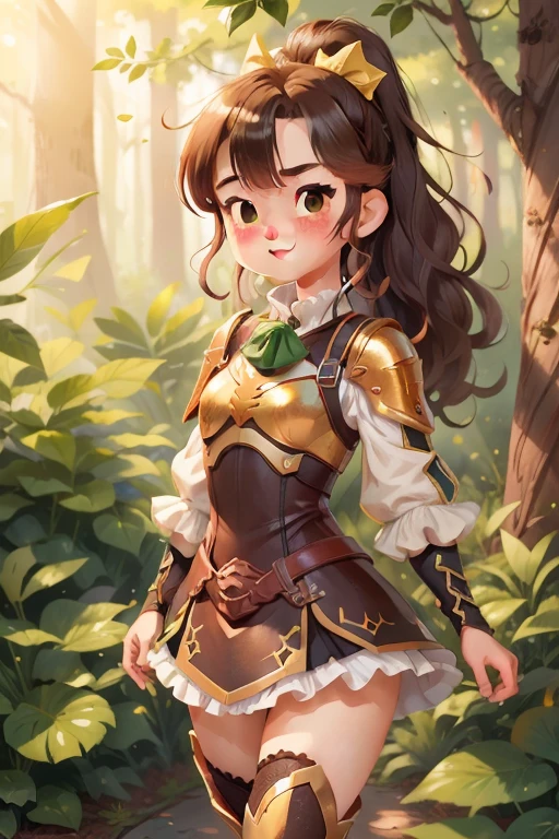 最high quality，No fixes，sauce_anime，Intricate details，high quality，Perfect Anatomy，Break 1 ，Alone，Very short stature，GBF-Polaris, Harbin, Brown Hair, ponytail, Green Eyes, Hair Accessories，Shining golden armor, Thigh-high boots, GBF-Polaris outfit，Panty shot，Place your arms behind your back， Bright smile，Downward facing mouth，Drooping eyelids，Frowning，Outdoor， information，wood々Sunlight pours in，