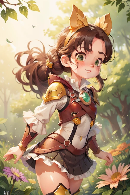 最high quality，No fixes，sauce_anime，Intricate details，high quality，Perfect Anatomy，Break 1 ，Alone，Very short stature，GBF-Polaris, Harbin, Brown Hair, ponytail, Green Eyes, Hair Accessories，Shining golden armor, Thigh-high boots, GBF-Polaris outfit，Panty shot，Place your arms behind your back， Bright smile，Downward facing mouth，Drooping eyelids，Frowning，Outdoor， information，wood々Sunlight pours in，