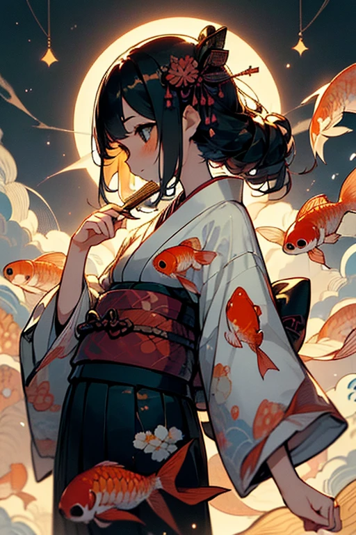 (Ultra-detailed face, looking away, Fantasy Illustration with Gothic, Ukiyo-e Painting, Comic Art, pastel tone colors), BREAK (This is a rural town in Japan. A festival is held on a summer night in the precincts of a shrine. There are night stalls selling grilled squid, octopus, shaved ice, and goldfish scooping. The Milky Way appears to shine in the night sky.), BREAK (Young girl sisters are dressed in matching goldfish-patterned Japanese yukata, holding a small clear plastic bag filled with goldfish and water in one hand. In one hand they hold a fan with a goldfish design on it, and in the other they wear black wooden geta with a red snare, laughing and talking happily.)