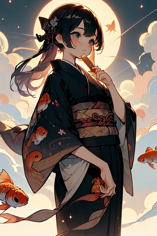 (Ultra-detailed face, looking away, Fantasy Illustration with Gothic, Ukiyo-e Painting, Comic Art, pastel tone colors), BREAK (This is a rural town in Japan. A festival is held on a summer night in the precincts of a shrine. There are night stalls selling grilled squid, octopus, shaved ice, and goldfish scooping. The Milky Way appears to shine in the night sky.), BREAK (Young girl sisters are dressed in matching goldfish-patterned Japanese yukata, holding a small clear plastic bag filled with goldfish and water in one hand. In one hand they hold a fan with a goldfish design on it, and in the other they wear black wooden geta with a red snare, laughing and talking happily.)