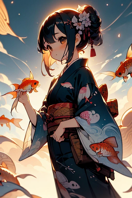 (Ultra-detailed face, looking away, Fantasy Illustration with Gothic, Ukiyo-e Painting, Comic Art, pastel tone colors), BREAK (This is a rural town in Japan. A festival is held on a summer night in the precincts of a shrine. There are night stalls selling grilled squid, octopus, shaved ice, and goldfish scooping. The Milky Way appears to shine in the night sky.), BREAK (Young girl sisters are dressed in matching goldfish-patterned Japanese yukata, holding a small clear plastic bag filled with goldfish and water in one hand. In one hand they hold a fan with a goldfish design on it, and in the other they wear black wooden geta with a red snare, laughing and talking happily.)