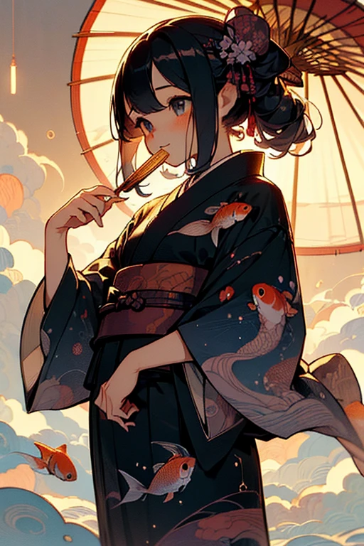 (Ultra-detailed face, looking away, Fantasy Illustration with Gothic, Ukiyo-e Painting, Comic Art, pastel tone colors), BREAK (This is a rural town in Japan. A festival is held on a summer night in the precincts of a shrine. There are night stalls selling grilled squid, octopus, shaved ice, and goldfish scooping. The Milky Way appears to shine in the night sky.), BREAK (Young girl sisters are dressed in matching goldfish-patterned Japanese yukata, holding a small clear plastic bag filled with goldfish and water in one hand. In one hand they hold a fan with a goldfish design on it, and in the other they wear black wooden geta with a red snare, laughing and talking happily.)