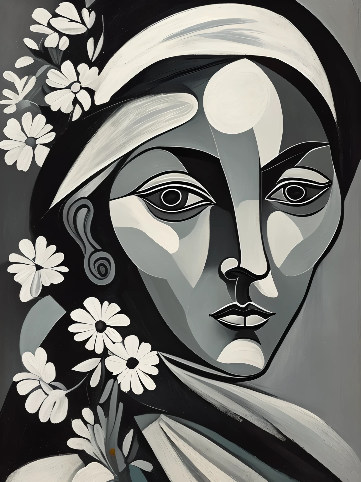 Woman close up portrait, flowers, picasso style  expresionism, black, gray, white, muted colors, artistic composition, subliminal message buy me 