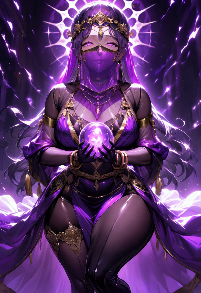 1 mature woman,,(Highest quality,Extremely detailed depiction,Incredibly absurd high resolution,Anatomically accurate depiction,Curvy Legs),(Glowing Skin,Shiny skin),(Glowing Skin,Shiny skin,Oilskin),(Sexy fortune teller),(A face veil that hides the mouth:1.3),(Luxurious accessories,Earrings,necklace,Bracelet,Long gloves,Sexy Costumes,See-through,black tights),eyelash,A little sweat,(Purple Eyes,Detailed pupil,Half-closed eyes:1.3,Crazy Eyes,There is cleavage in the chest,Bewitching Smile,glossy purple lipstick,Lips are apart,),Sitting in a chair,(Showing off a mysteriously glowing crystal ball),background：Fortune Telling House,Mysterious atmosphere