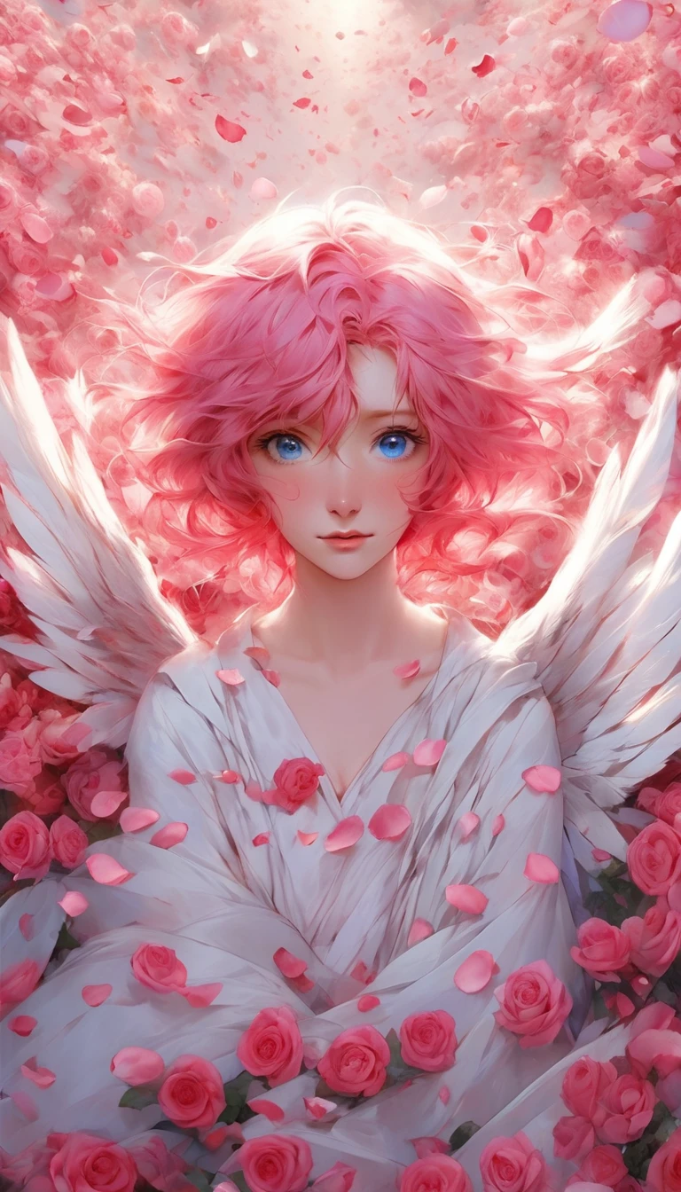 masterpiece、Best Quality、Beautiful anime angel with pink hair and blue eyes surrounded by rose petals