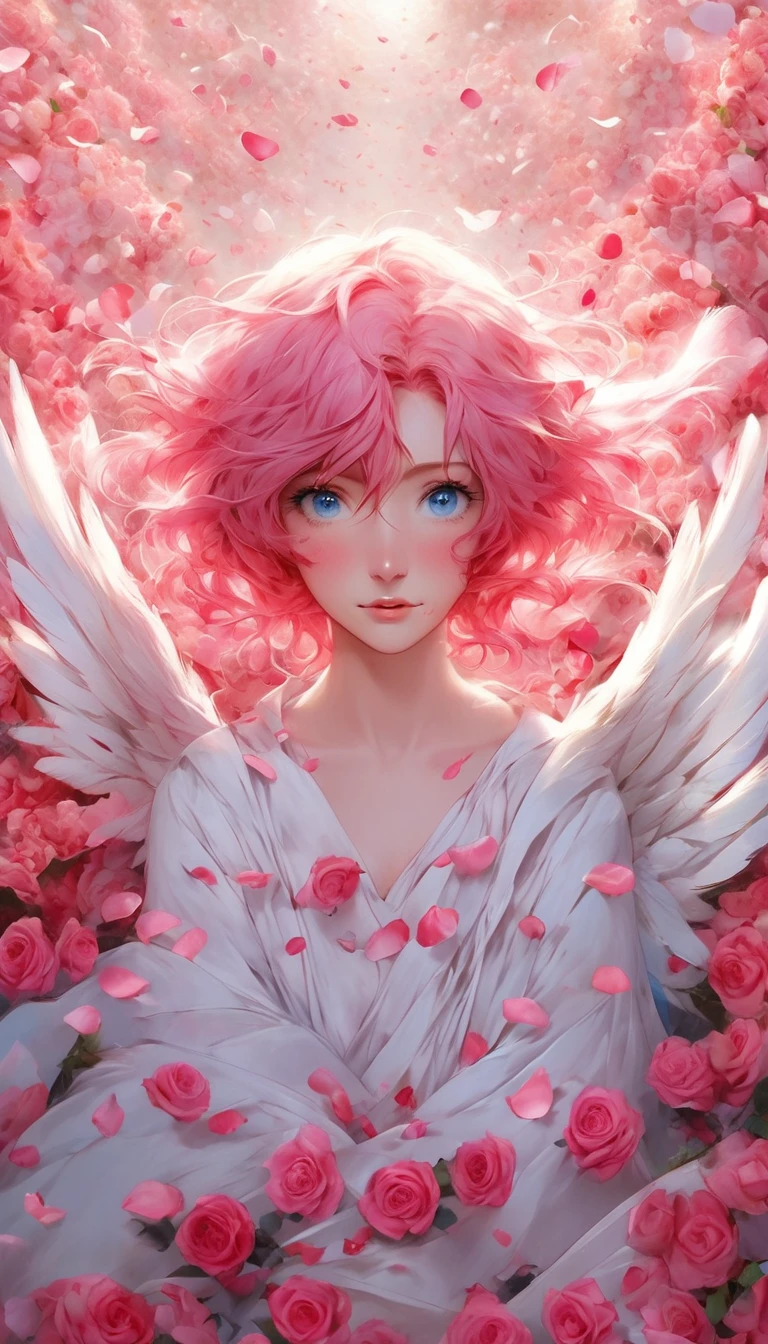 masterpiece、Best Quality、Beautiful anime angel with pink hair and blue eyes surrounded by rose petals