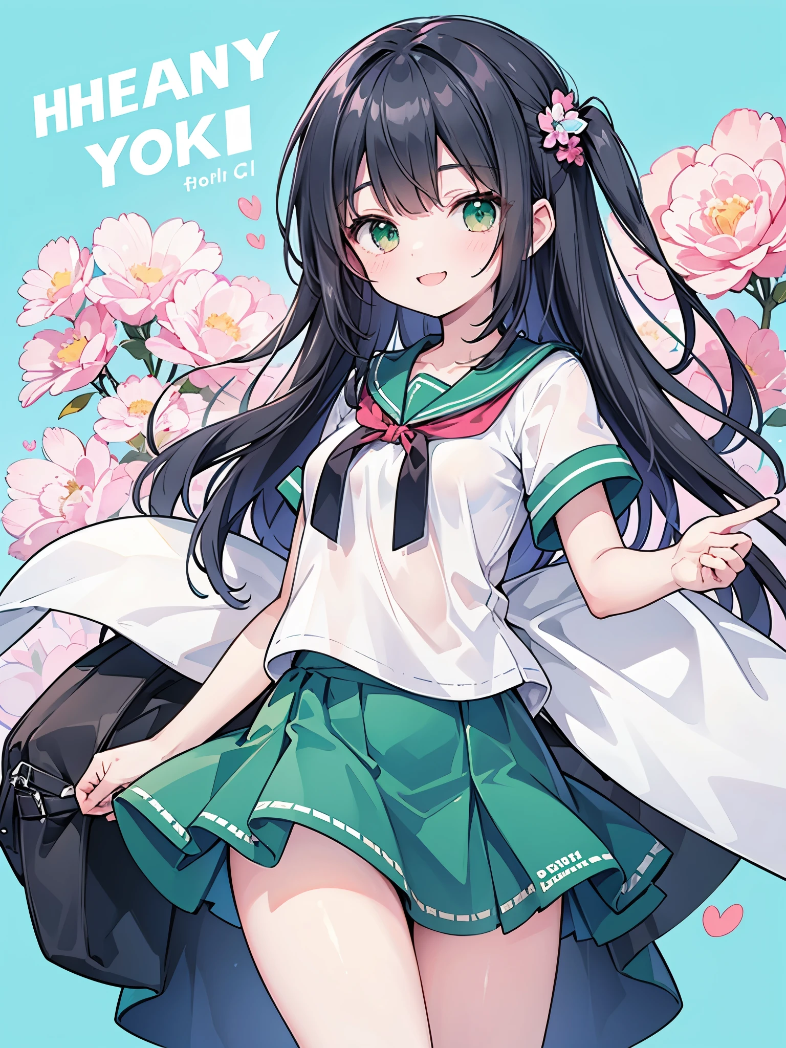 ((Best Quality, 8k, masterpiece: 1.3)),Human Girl,((Petite,Glamorous Body,Curvy)),cute,Smiling face,((Long black hair)),Beautiful emerald green eyes,Peace sign with both hands,White T-shirt,Pink mini skirt,Cowboy Shot,Light blue background,cover "Thank you1.1k",
