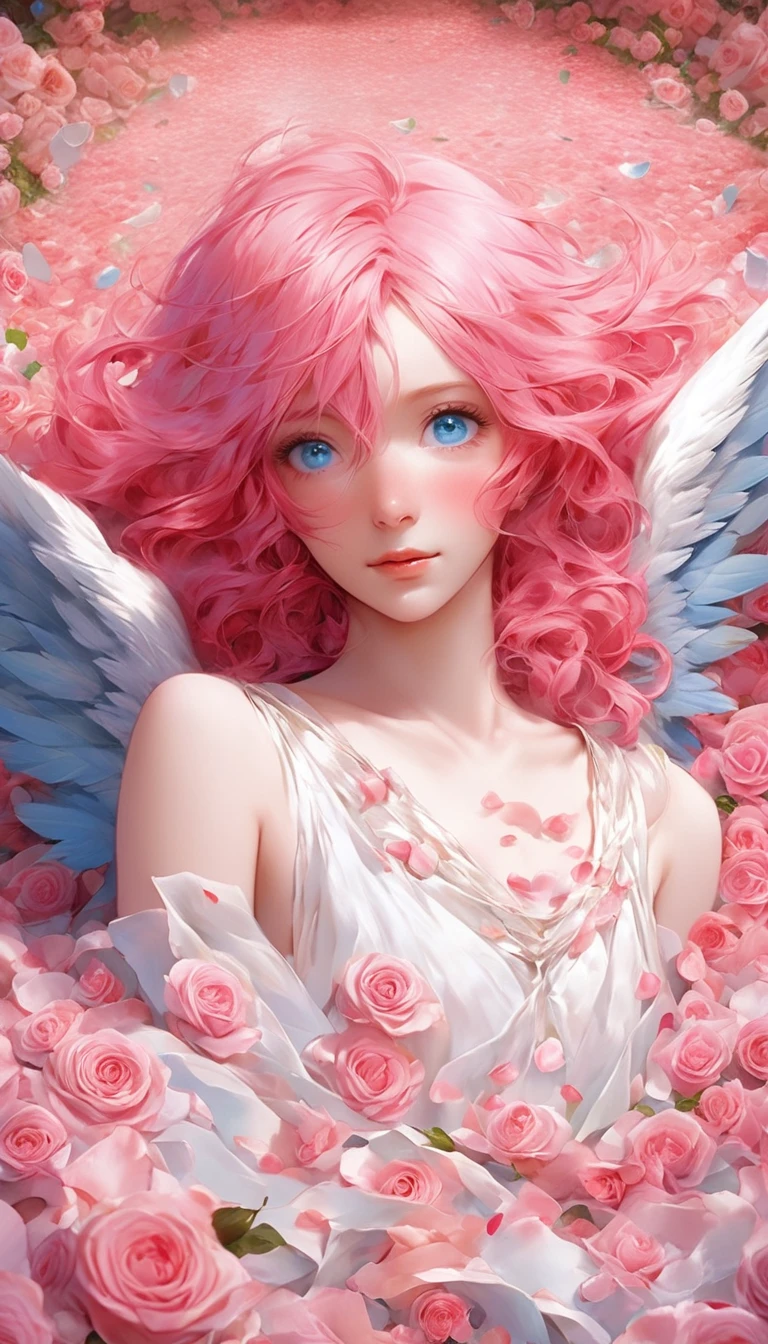 masterpiece、Best Quality、Beautiful anime angel with pink hair and blue eyes surrounded by rose petals