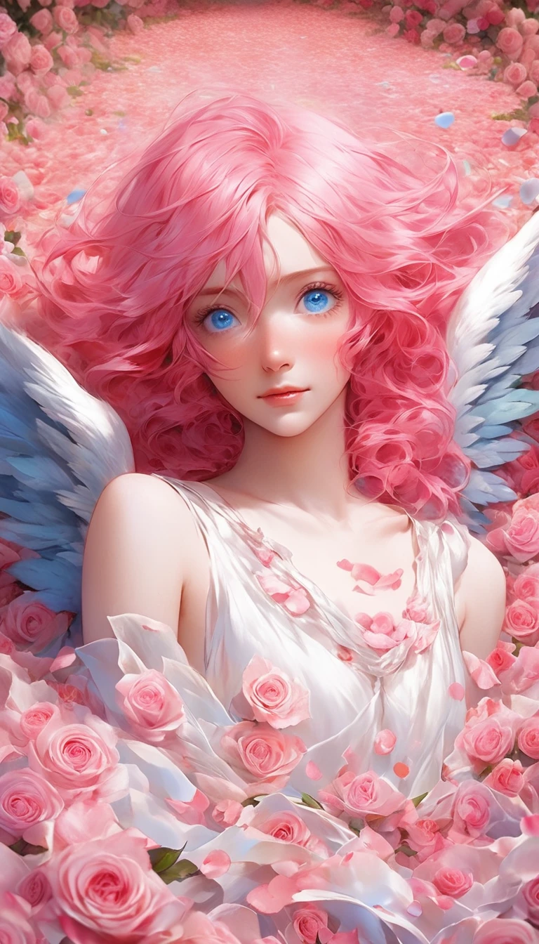 masterpiece、Best Quality、Beautiful anime angel with pink hair and blue eyes surrounded by rose petals