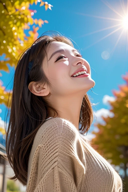 hdr、((Shooting from below with a wide-angle lens))、(Hair blowing in the wind)、The season is autumn、Distant Clouds、Warm sweater、((smile))、(((Look up at the sky)))、Japanese、woman、Shining Sun、((Best Quality)), ((masterpiece)), (detailed), ((Best Quality))、12K、High resolution、Perfect Face, Japanese、2、woman、Bright light brown hair、Clevis、Perfect Anatomy、Anatomically correct body、