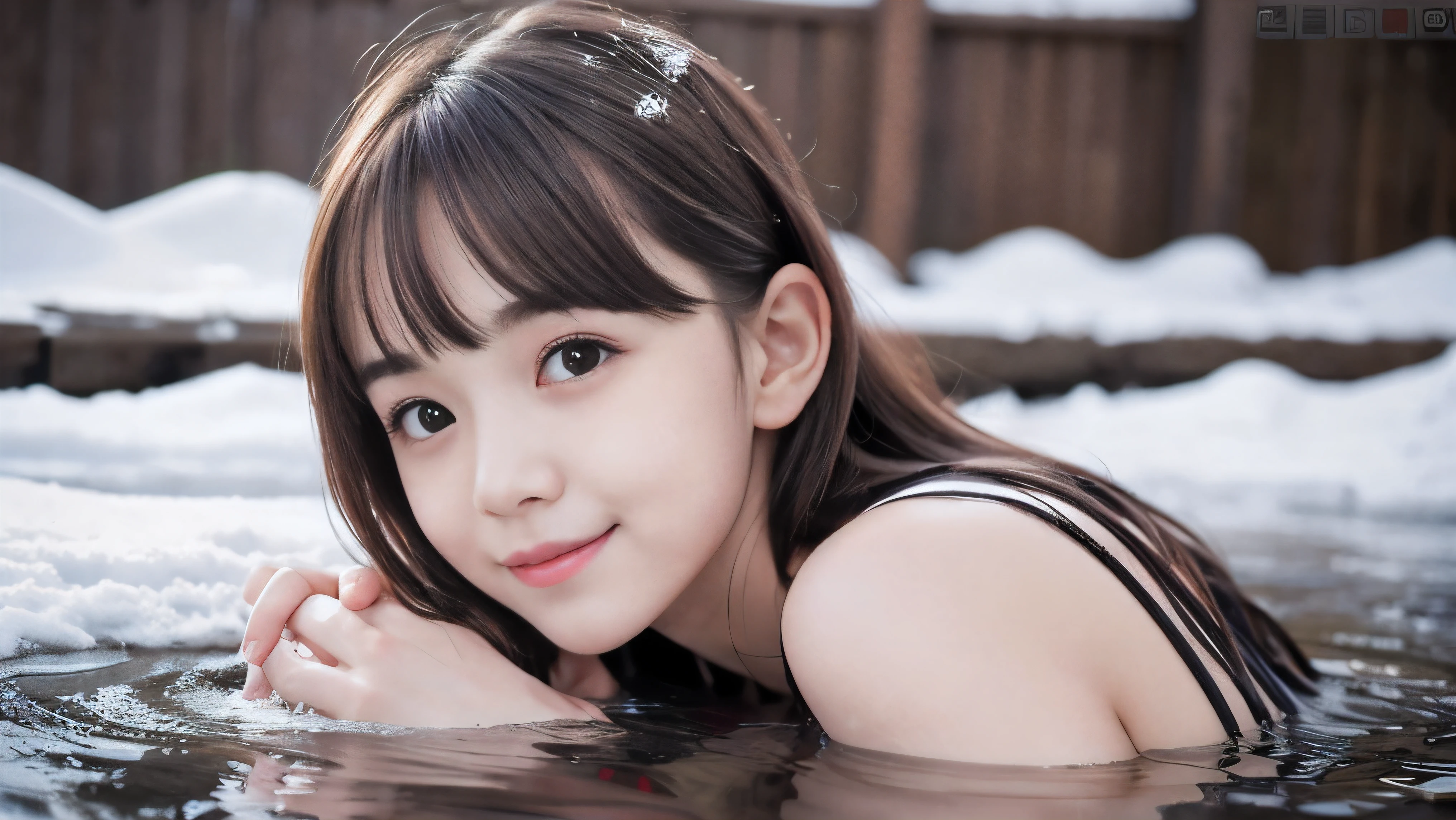 (Profile shot of a naked slender very small flat chest  red brown wavy long hair with dull bangs girl:1.5)、(Naked girl is soaking in a deep steam mist Japanese onsen outdoors with a shy smile:1.5)、(Outdoor Japanese onsen with snow landscape:1.5)、(blurred background:1.5)、(Natural light:1.5)、(8k ultra detailed master piece:1.5)、(perfect anatomy:1.5)、(Photorealistic stick:1.5)、(Raw photo:1.3)、(highest quality:1.5)、(High resolution:1.3)、(Delicate and beautiful perfect face:1.3)、(Delicate and beautiful eye air skin:1.3)、(Real Human Skin:1.3)、((thin legs))