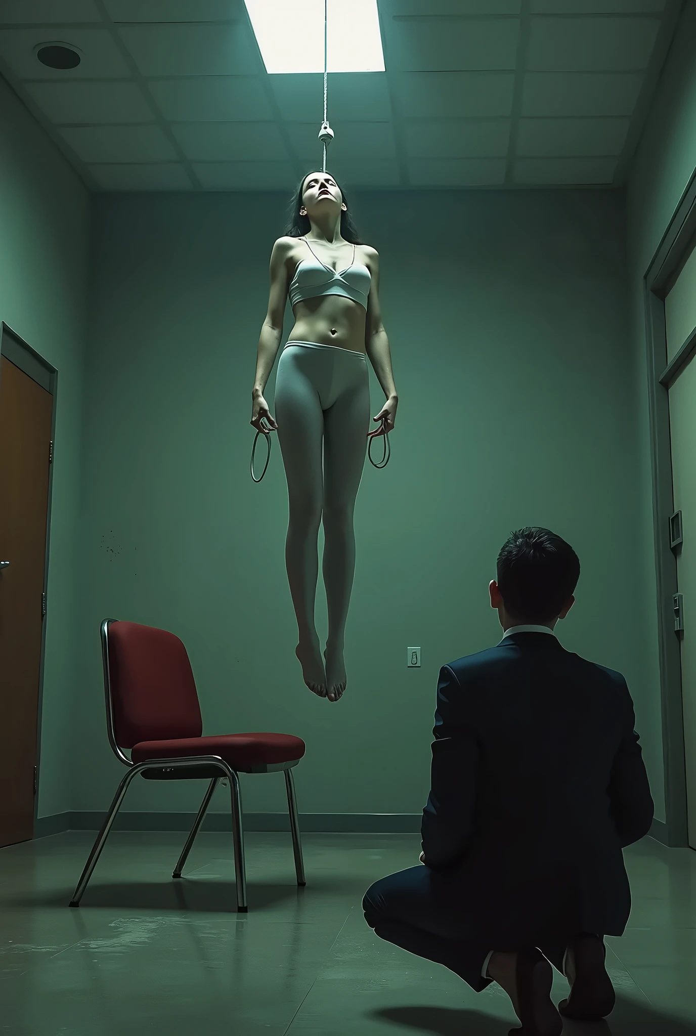 White Thigh High Stockings Girl Scene, hanged ,hovering in the air , a man sitting on the ground in panic 