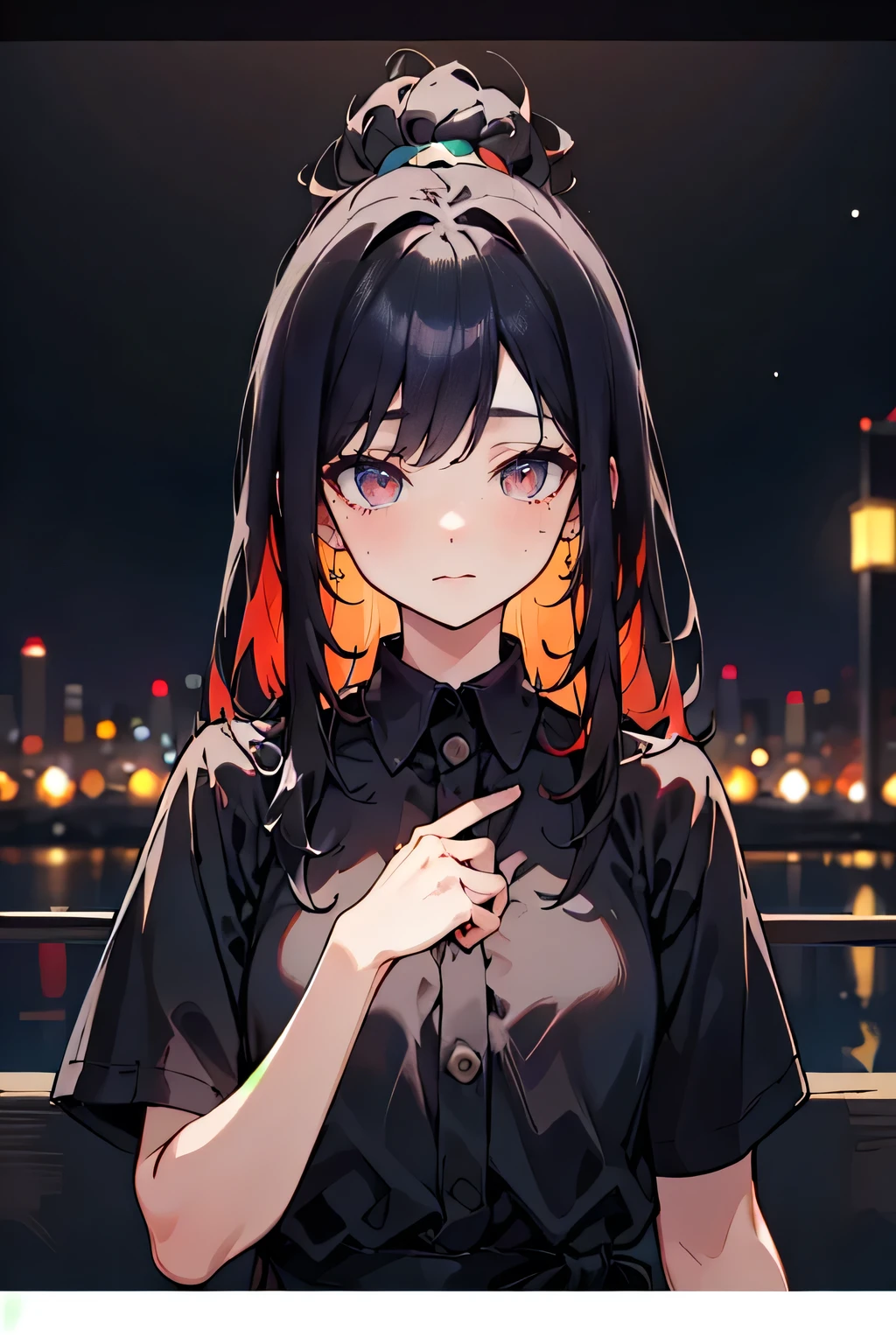 One woman.Punk clothing((Golden chain,Light reflection Tobacco,Hold in mouth,cigarette)) Long Hair,Black Shining Eyes,blue,Sharp Eye,Glaring punk-like woman,Black and red outfit,Close-up Background(Downtown New York,There is a bridge,Sunset and water reflection) Anime Style