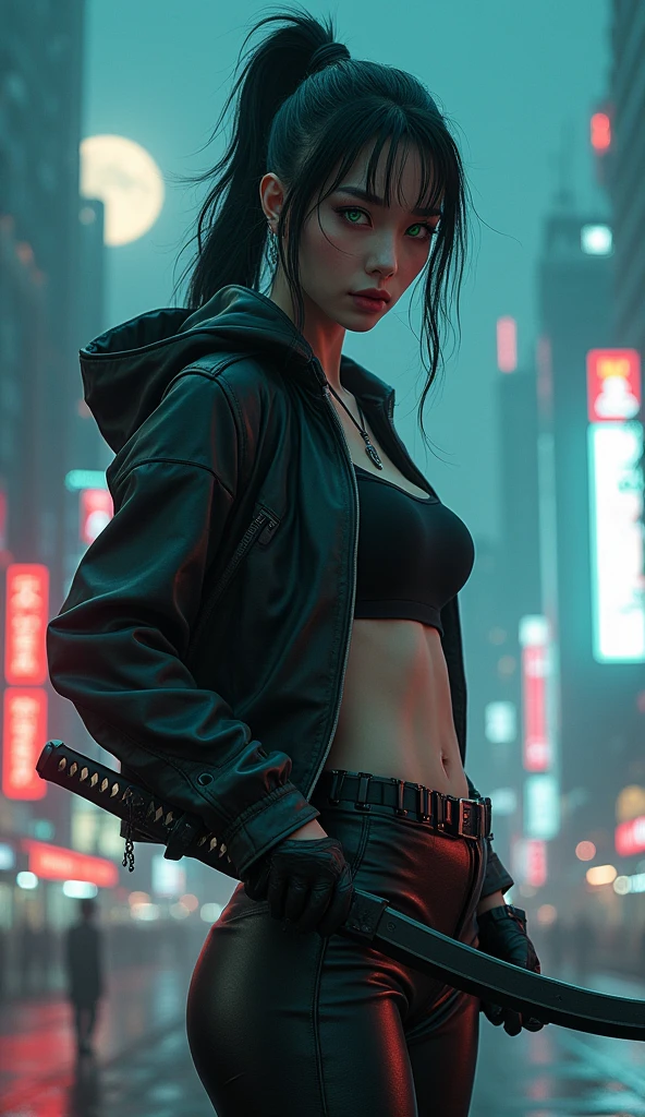une fille, regard froid, regard inexpressif, Red eyes, black hair tied, saber in the back, tattoo, gangster, Yakuza, Aesthetic, cyberpunk, seductive cyberpunk dark fantasy,