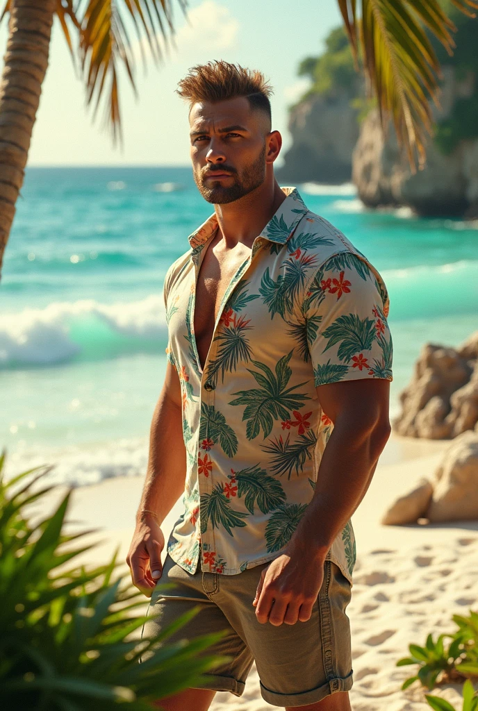 Masterpiece, denoise, void noise, one man, best quality, 8k resolution, male focus, focus only, amazing composition, volumetric lighting, super quality, elegant, Very detailed, ((front view)), -----------, 35 years old, mature face, muscular, (((Caucasian white man))), (((white skin)), ((pale skin))), very handsome, (detailed light-blue eyes), ((dark brown hair)), big ears, (hairy chest), (scruffy beard), ((pink nipples:1.3)), ((perky nipples)) ------------, (((beach shorts))), (((light-colored hawaiian shirt))), (((rubbing chest))), (((sitting, legs open facing viewer)))