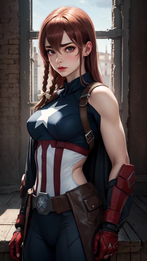 Realistic 1.2, masterpiece, best quality, highres, aasumi, long hair, single braid, hair bow, captain america, seios grandes, corpo atlética 