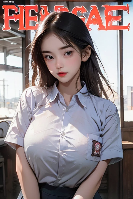 (masterpiece, 8k, best quality: 1.3), 1 girl, see through clothes, very large burst breast, colorful hair, magazine cover ,upper body, relaxed expression, (huge breasts: 1.1), Indonesia high School uniform