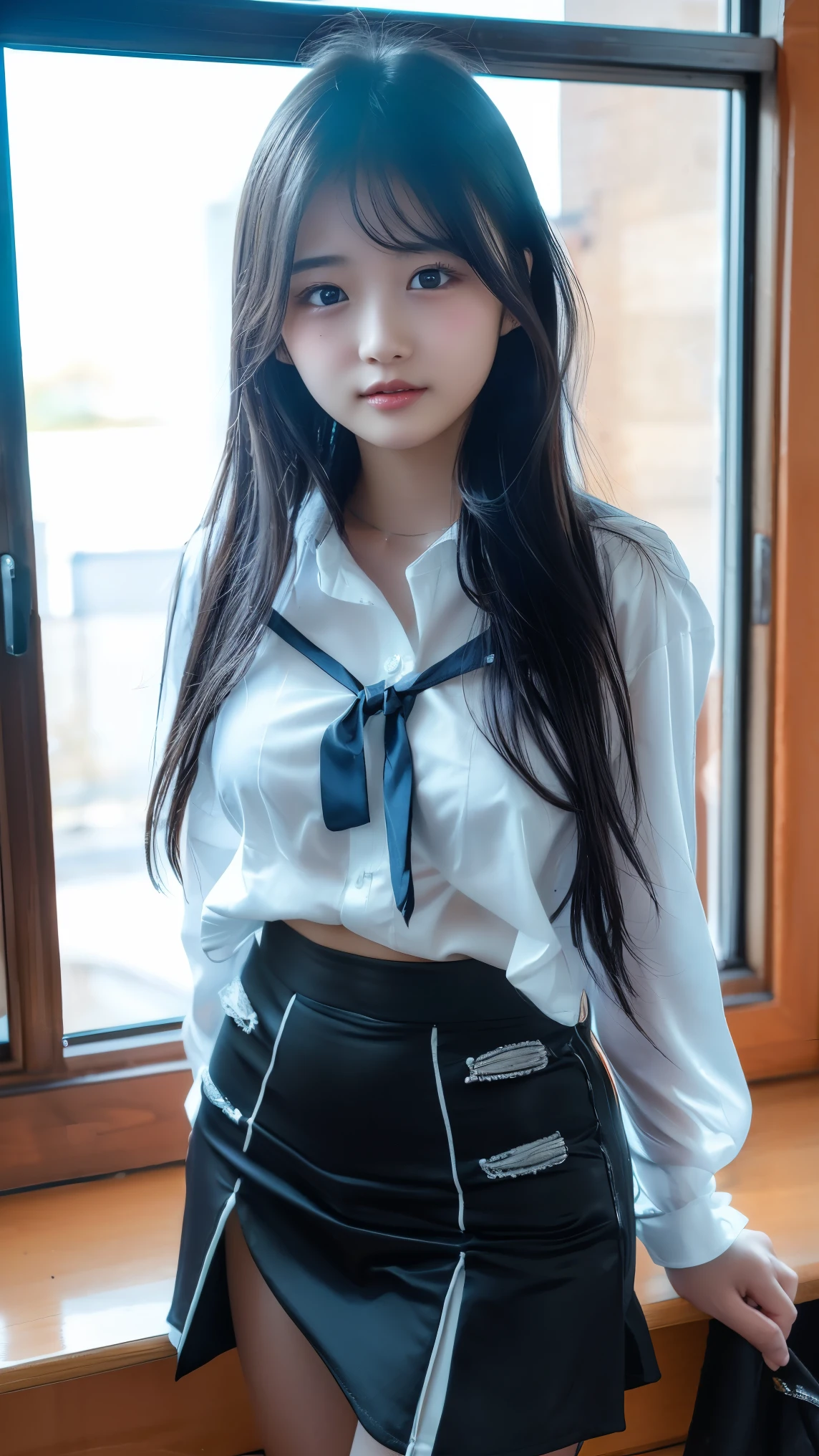 Long neck,White shirt bursting chest,Best Quality,Ultra-high resolution,1 person,whole body,Black Hair, bangs, Cool look,Looking into the camera,Beautiful and delicate face,Delicate and beautiful skin,Texture,high school student, uniform,((Wearing a blouse on bare skin)),((No bra and white shirt)) (tight white shirt:1.7), tie,(Large Breasts:1.2), Nipples visible through white shirt、Check mini skirt,Classroom after school,(Standing posture,1.3:)、smile