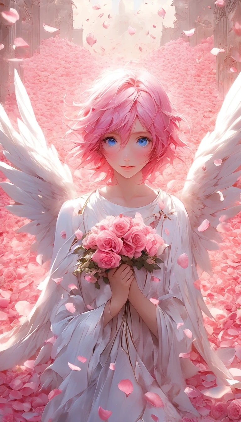 masterpiece、Best Quality、Beautiful pink haired blue eyed anime angel surrounded by rose petals