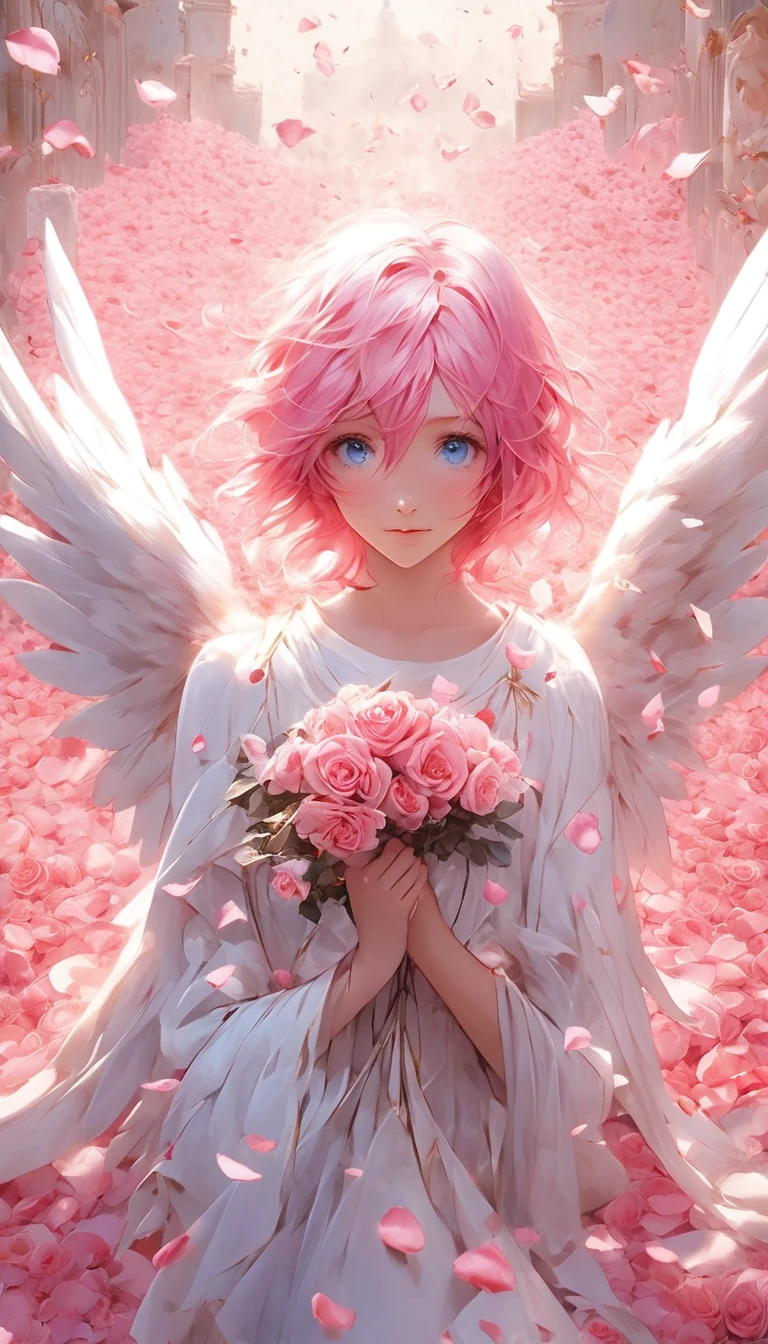 masterpiece、Best Quality、Beautiful pink haired blue eyed anime angel surrounded by rose petals