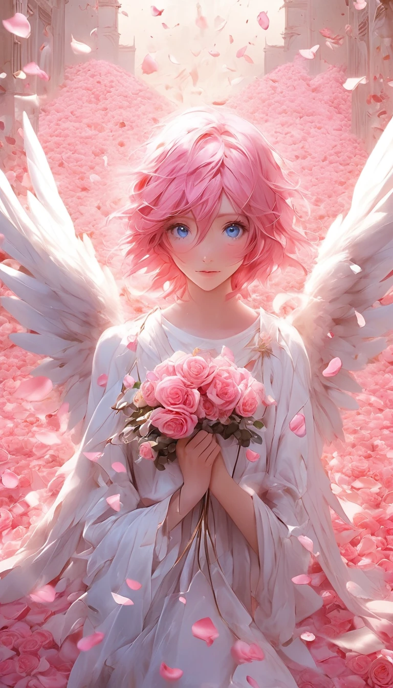 masterpiece、Best Quality、Beautiful pink haired blue eyed anime angel surrounded by rose petals